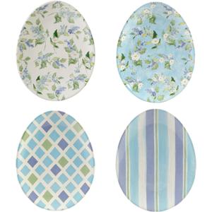 International Easter Morning Oval Egg Plates, Set of 4, 10-Inch Ceramic Assorted Designs, Spring Floral and Striped Patterns, Easter Serveware 