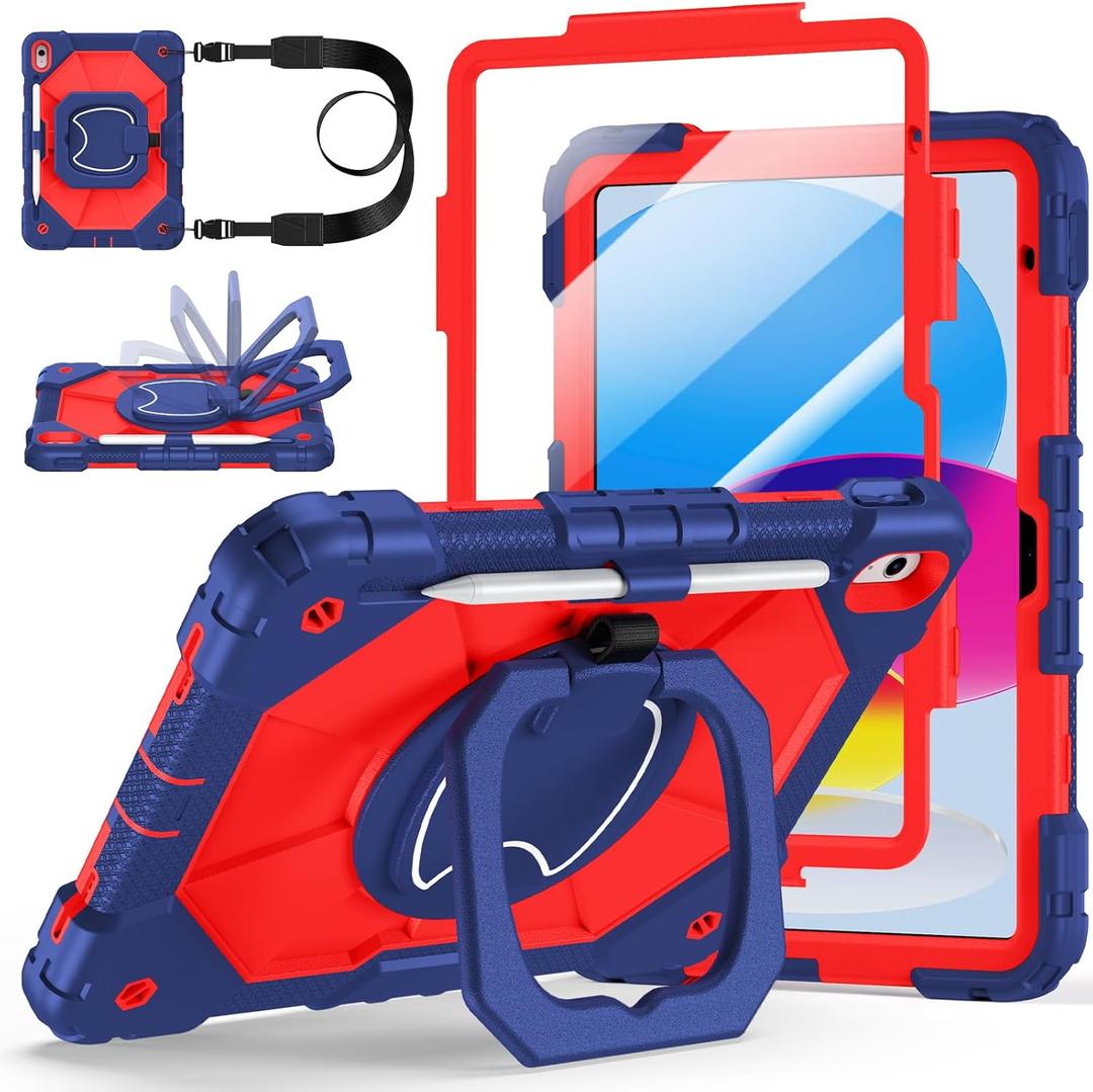 Case for iPad (A16) 11th Generation 11 Inch 2025, Ubearkk for iPad 10th Generation 10.9 inch 2022 case with Screen Protector 360 Degree Rotating Stand Shoulder Strap Pencil Holder, Navy Red