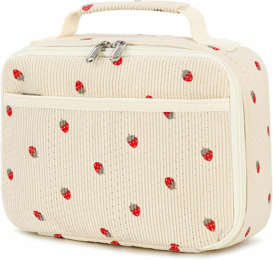 Bluboon Insulated Lunch Bag for Girls & Boys, Corduroy School Lunch Box with Cooler & Organizer Compartments, Leak-Proof Lunch Tote for School, Travel (Corduroy Strawberries Beige)