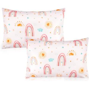 Toddler Pillowcase 2 Pack, 13 X 18 Kids Travel Pillow Case Cover with Envelope Closure, Super Soft & Breathable Small Pillow Cases for Girls, Pink Rainbow