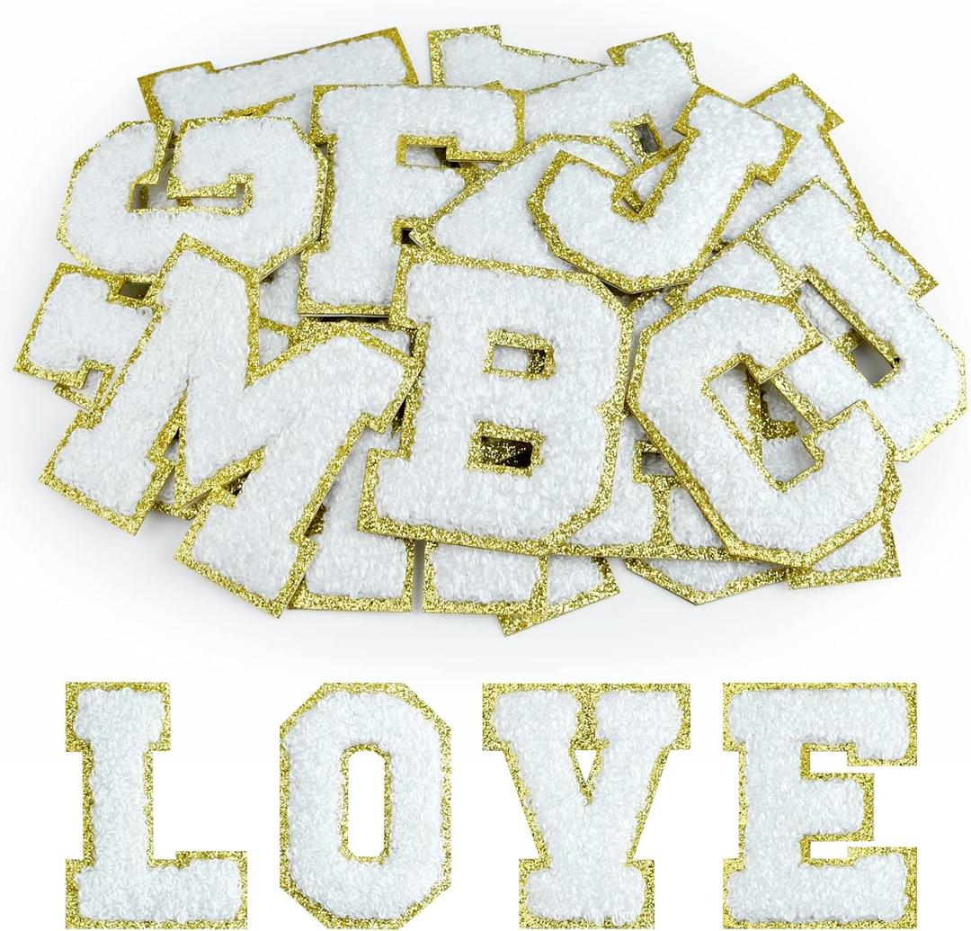 Morcheiong 26Pcs Self Adhesive Chenille Letter Patches A-Z, Chenille Letters for DIY Clothing, Fabric, Shoes, Bags (White)