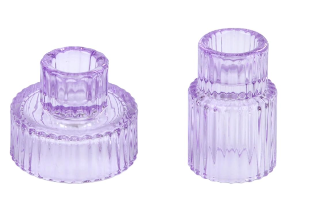 Glass Tapered Candlestick Holders: 10 Pcs Ribbed Purple Candle Sticks Holder Decor Modern Fluted Taper Candle Holders Set