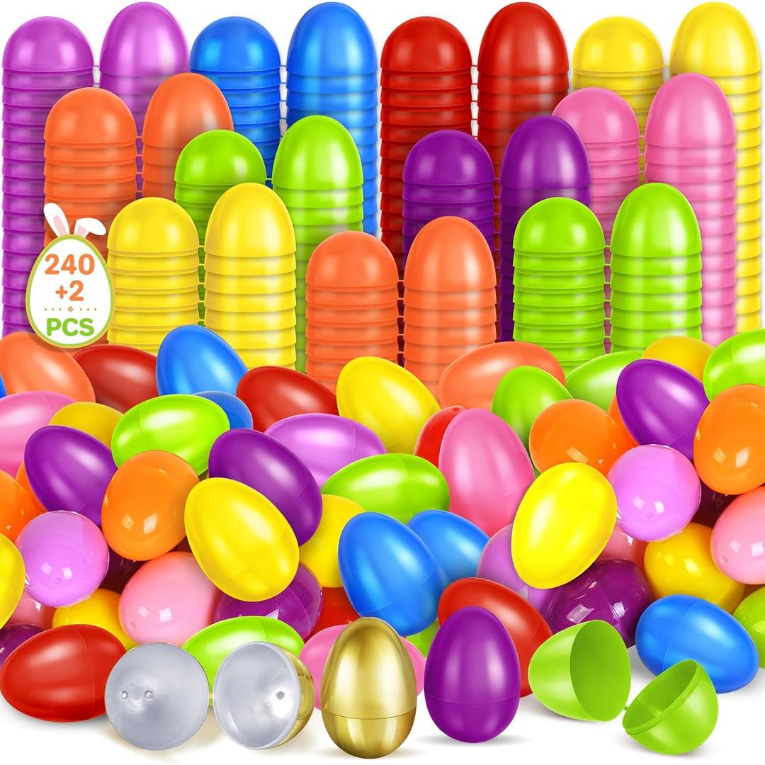 SpringFlower 240 PCS 2.3 inch Plastic Easter Eggs Plus 2 Golden Eggs, Empty Fillable Eggs, Plastic Eggs Bulks for Easter Basket Stuffer, Easter Party Favor, Easter Egg Hunt