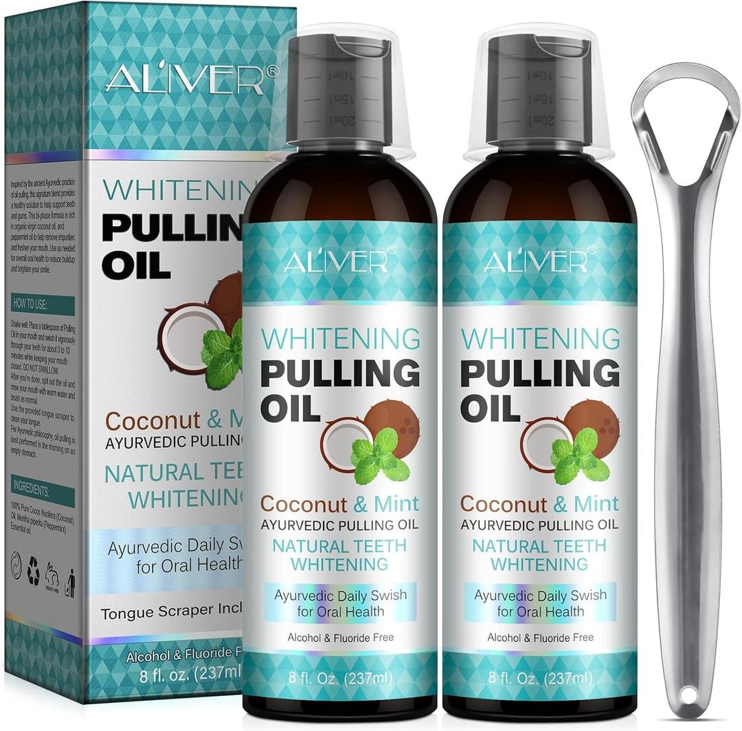 Coconut Oil Pulling for Fresh Breath and Oral Hygiene - Ayurvedic Expert Formulated | Supports Healthy Gums | Natural - Includes Tongue Scraper and Measuring Cup - 8 oz - 2 Packs BBD: 01/17/27
