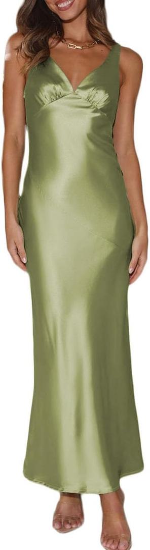 Womens Elegant Satin V Neck Backless Sleeveless Maxi Dress Silk Tie Low Back Formal Cocktail Dresses Wedding Guest, XS