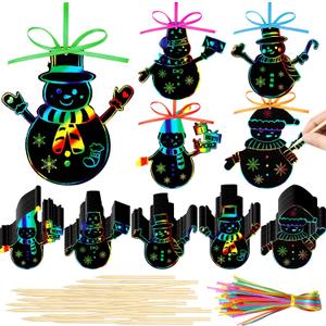 Fuutreo 100 Pcs Winter Snowman Craft Scratch Cards Rainbow Color Bookmarks Ornaments Winter Xmas Scratch Paper Kits with Sticks and Ribbon for Birthday Party Favors DIY Activities Hanging Decor