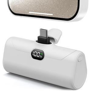 USB C Portable Phone Charger for iPhone 17 Pro Max, Mini Power Bank 5000mah with Digital Display & Duarable Kickstand for Type c Phones, Slim Backup Charger Battery for Samsung/Google-White