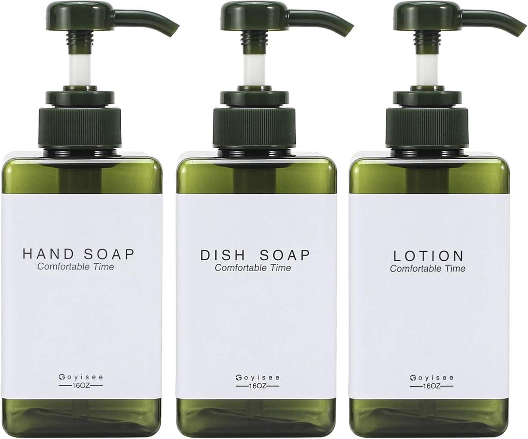 Plastic Refillable Hand Soap Dispenser Modern Square Pump Bottle for Bathroom Vanities or Kitchen Sink, Countertops - 3 Packs with Waterproof Label(Green)