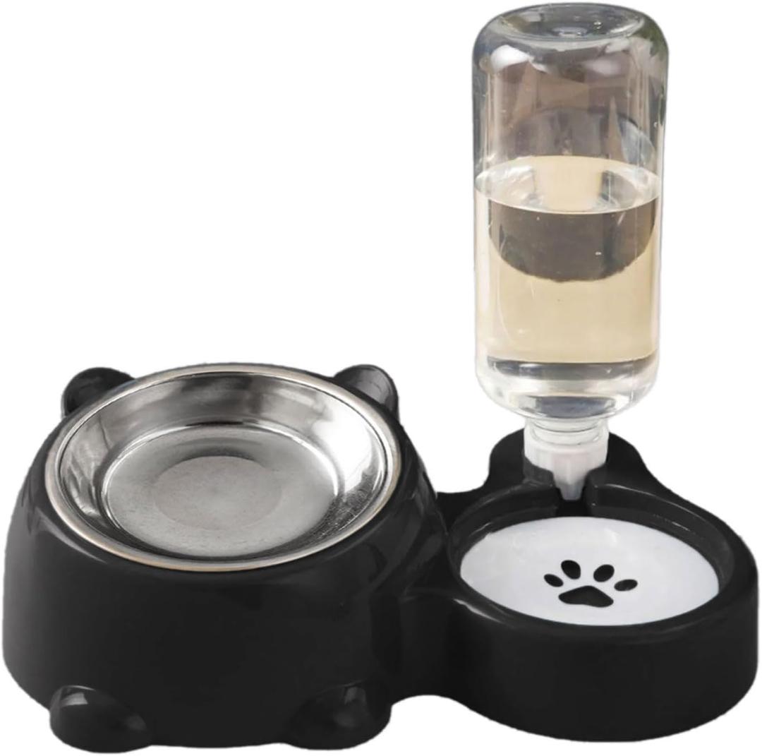 Pet Feeding Station Leak Proof Water Bottle Systems Detachable Dish Anti Slip Base Compact Design Anti Slip Pet Food and Water Bowl Set (Black)