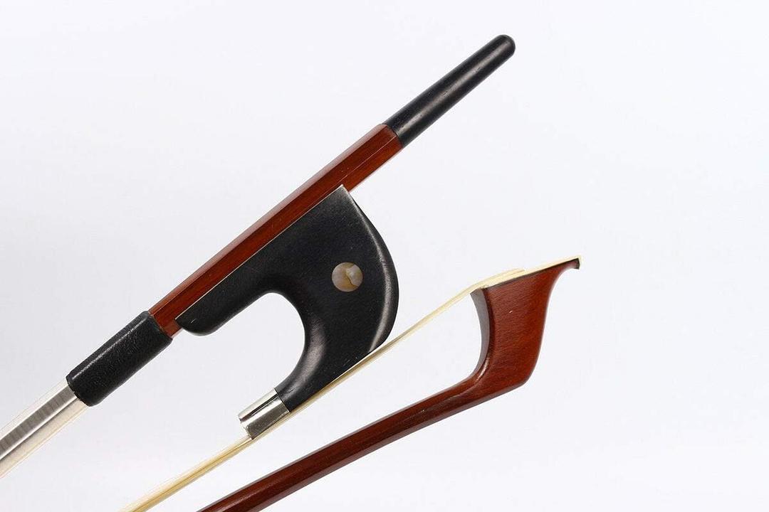 3/4 German Double Bass Bow, Brazilwood stick with Ebony Frog & Pearl Inlay, Natural White Horsehair, Leather Grip Well Balanced