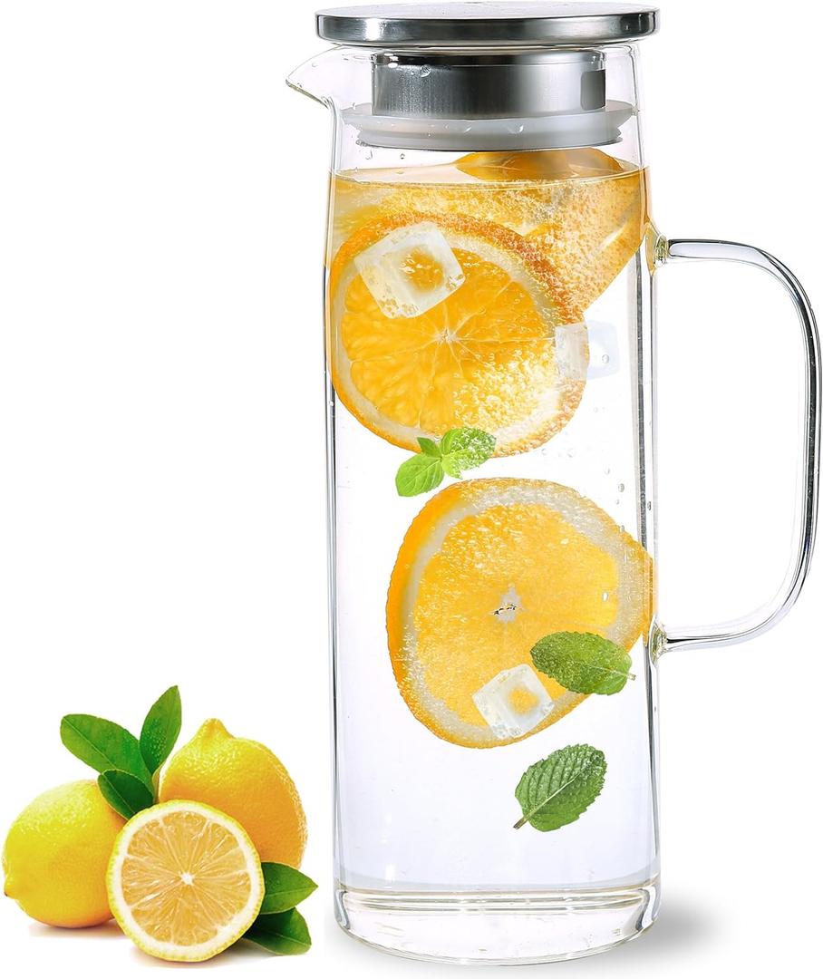 Heat Resistant Glass Pitcher With Lid And Spout, Glass Iced Tea Pitchers Beverage Pitchers For Fridge, Glass Water Pitcher And Carafe 1500ml/51oz