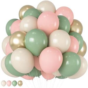 HILAVO Sage Green Pink Balloons 12 Inch Olive Green Pastel Pink Ivory Metallic Gold Latex Balloon for Boho Baby in Bloom Fairy Floral Wildflower Tea Safari Jungle Baby Shower Birthday Party Decoration