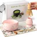 Matcha Whisk Set 7 PCs Ceramic Japanese Matcha Bowl Kit Includes Matcha Bowl, Matcha Whisk and Holder, Bamboo Scoop, Scoop Rest, Sifter, Tea Towel - Traditional Matcha Starter Set for Matcha Lovers (Pink)