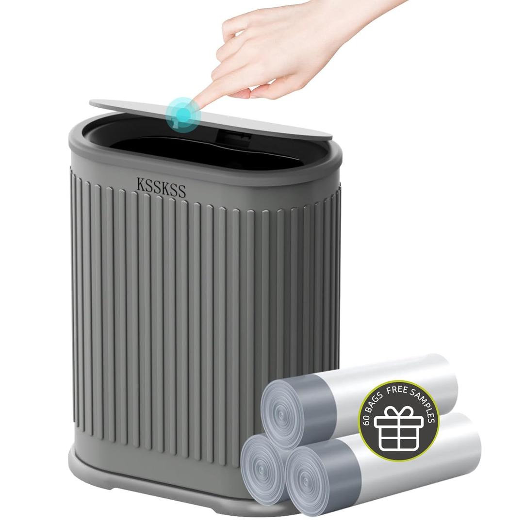 KSSKSS 1.8 Gallons Small Stainless Steel Trash Can with Press Type Lid, Slim Bathroom Garbage Bin, Removable Liner Bucket, Dog Proof Narrow Wastebasket with Pop-Up Lid for Bedroom, Toilet (Gray)