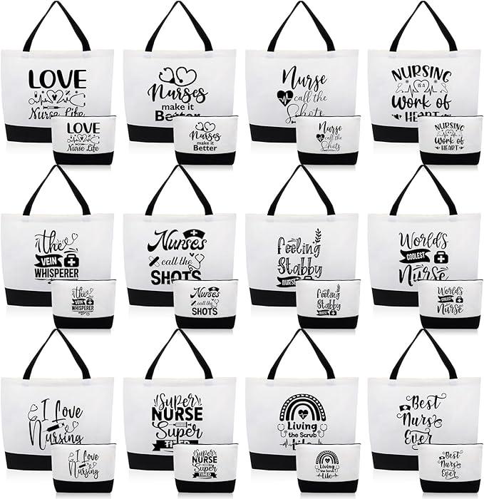 Paterr 24 Pcs Thank You Nurse Appreciation Gifts Bulk, Thank You Cna Canvas Tote Bags Makeup Cosmetic Bag with Handles (Warm)