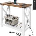 Hadulcet Farmhouse Side Table with Storage Shelf - Narrow End Table with Charging Station, Slim End Tables Living Room, Rustic X-Design Nightstand for Bedroom, Small Space, White & Brown