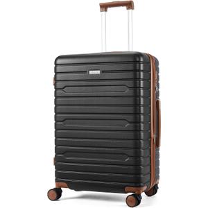 Checked Luggage 24 Inch, 100% PC Large Suitcase with Wheels, Hardside Suitcase TSA Approved Medium Hard Case Travel Luggage (Black)