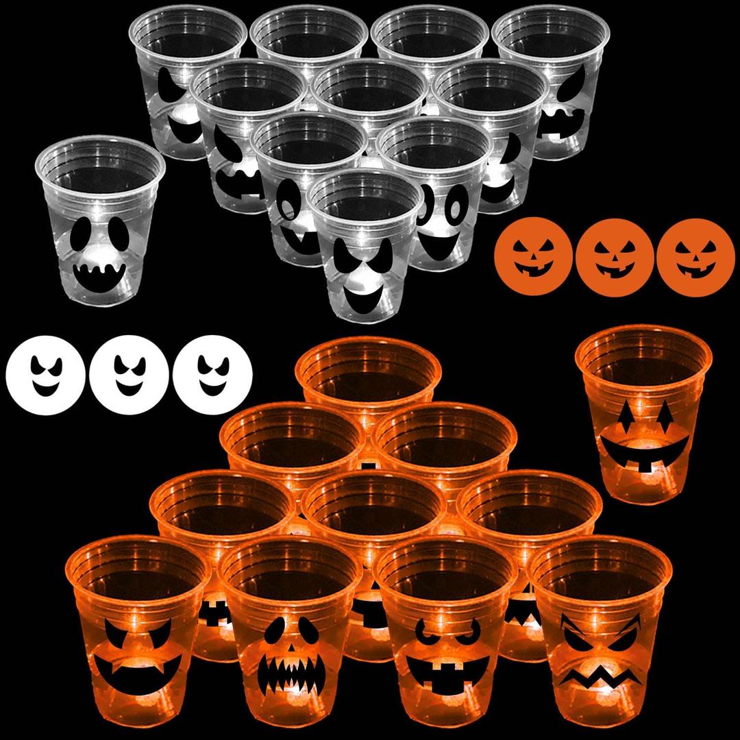 22 Pcs Halloween Glow Pumpkin Party Game Set,16 oz Light Up Pong Cups for Halloween Ghost Theme Party with 6 Halloween Theme Balls, Halloween House Parties Holidays Game (Orange&White)