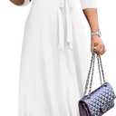 FANDEE Women's 2025 Maxi Dress - Solid Color Bohemian Summer Long Maxi Dress V-Neck 3/4 Sleeve (Large, 1-white)