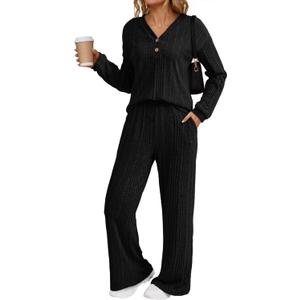 Dokotoo 2 Piece Lounge Sets for Women Ribbed Knit Button V Neck Long Sleeve Tops Matching Pants Pajamas Set 2025 Fall Outfits (Medium, Black)