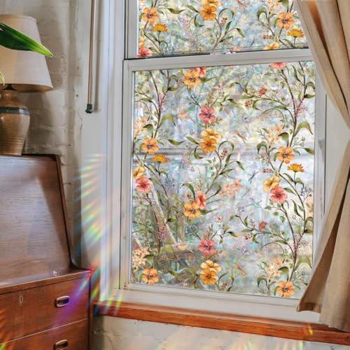 Sunroof Glass Window Film Stained Wildflower Static Window Clings Sun Heat Blocking Privacy Window Film Decals for Home Office Living Room Car Moonroof Side Windows Stickers 15.74 x 39.37 Inch
