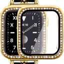 Mosonio Compatible for Apple Watch Band 40mm with Screen Protectors Case Women, Jewelry Bracelet Metal Bands with 2-Pack Bling Case Cover for 40mm iWatch Series SE 6 5 4(Gold Link with Black Leather)