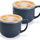 Ceramic Soup Bowl with Handle 32oz  Microwave Ramen Bowl with Lid, Soup Mugs & Cups for Cereal, Oatmeal, Ramen, Instant Noodle, Soup Container with Lid - Set of 2 (Gray) (Grey/Yellow 2 pcs)