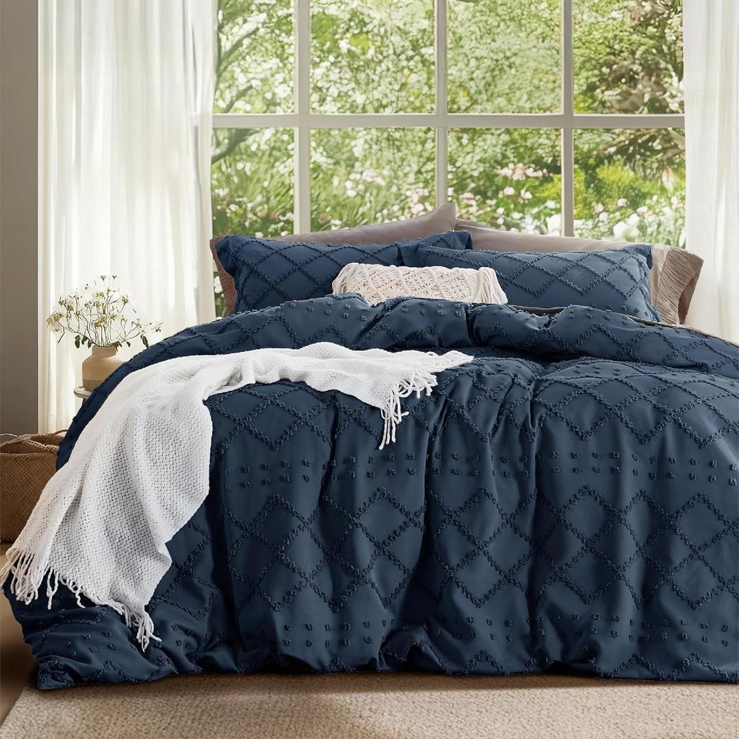 Bedsure Boho Duvet Cover King Size - Boho Bedding, Tufted King Duvet Cover for All Seasons, 3 Pieces Embroidery Shabby Chic Home Bedding,Comforter Not Included (Navy, 104" x 90")
