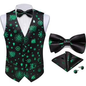 DiBanGu Mens Christmas Vest and Bow Tie Set Festival Christmas Snowflake Suit Vest for XmasNew Year Party Formal (Black Green Christmas Tree Snowflake)