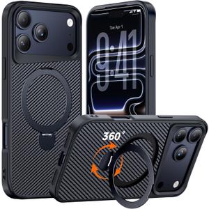 Designed for iPhone 17 Pro Case with 360 Magnetic Stand, Carbon Fiber Phone Case [Compatible with Magsafe] [15FT Military Protection] with Stand Ring 6.3'', Black