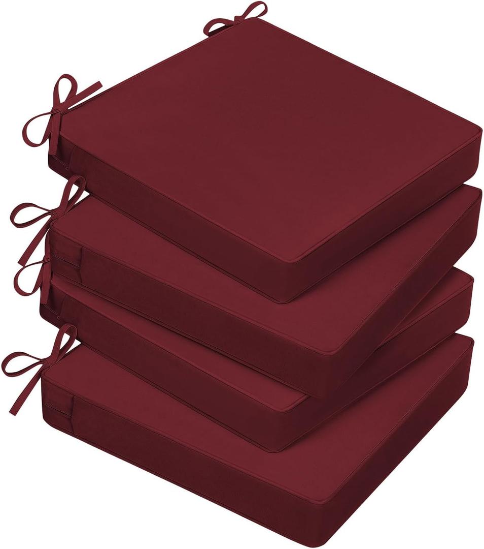 Basic Beyond Outdoor Chair Cushions for Patio Furniture, Waterproof Outdoor Seat Cushions Set of 4 19 x 19, Patio Chair Cushions Set of 4 with Ties and Handle, Burgundy