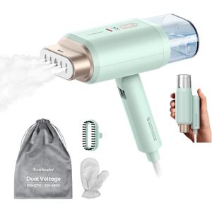 Newbealer Dual Voltage Travel Steamer - 120V/220V Handheld Steamer for Clothes, 1200W Horizontal & Vertical Steaming, 20s Heat-up, Foldable, 180ml Garment Wrinkle Remover (Green) (Green (100-240V))