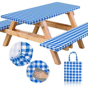 RNOONY Vinyl Fitted Picnic Table Cover with Bench Covers and Bag, Outdoor Waterproof Picnic Tablecloth with Elastic Edges, 96x30 Inches 3 Pcs Set (Blue) RNOONY Vinyl Fitted Picnic Table Cover with Bench Covers and Bag, Outdoor Waterproof Picnic Tablecloth with Elastic Edges, 96x30 Inches 3 Pcs Set (Blue)