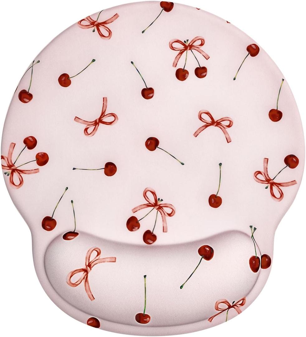 Seorsok Retro Ribbon Bow Cherry Mouse Pad with Gel Wrist Support Mouse Pad,Ergonomic Aesthetic,Comfort Mousepad for Office Work Computer,Pain Relief Mousepad with Non-Slip Silicone Base,Pink