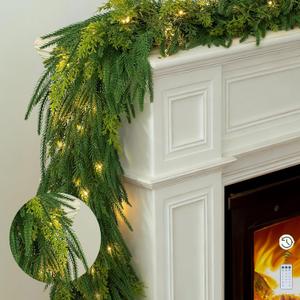 BLOSMON Christmas Norfolk Pine Garland: 6ft Real Touch Cedar Greenery Garlands with Lights for Mantle - Remote Timer 30 LEDs 12 Lighting Modes - Prelit Garland Outdoor Indoor Stairs Table Decorations