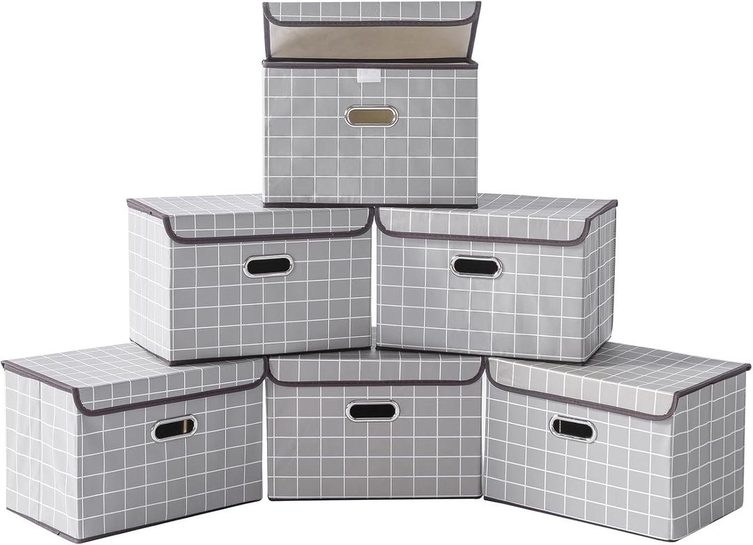 STOREONE Fabric Storage Cube Bins Foldable Organizer Container Collapsible Basket with Lids and Metal Handles, for Home, Bedroom, Closet 6 Pcs (Grey grid)