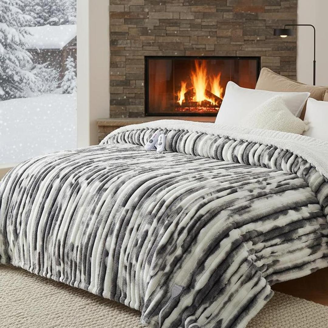 GarveeHome Electric Blanket King, Heated Blanket Dual Control Cozy Faux Rabbit Fur with 4 Heating Levels & 10H Auto Off, Over-Heat Protection, Machine Washable, ETL Certification, Marble Gray 90"x100"