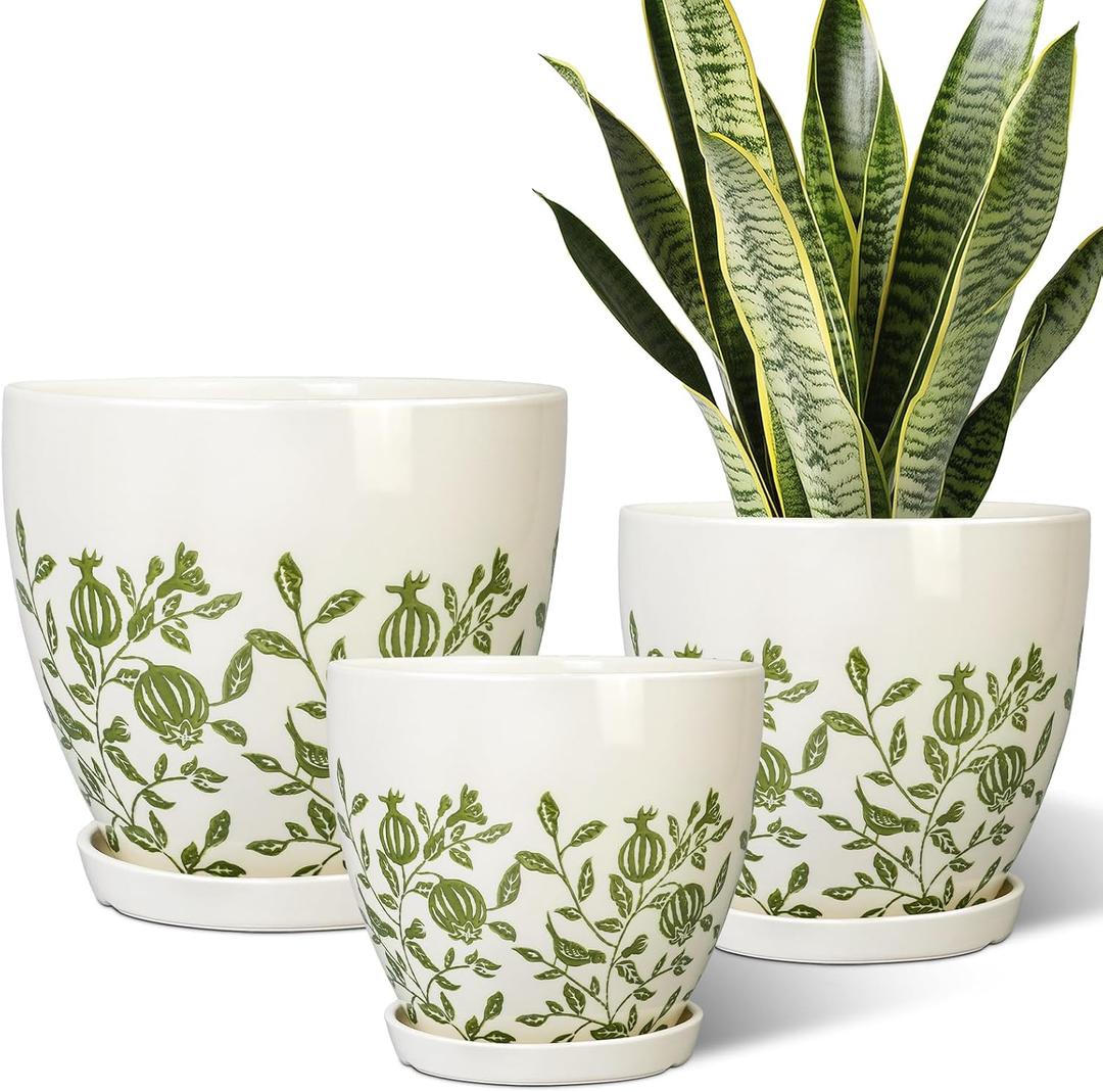 MPotTo Ceramic Flower Pots Indoor - 10+8+6 Inch Ceramic Planters for Outdoor Plants, Boho Round Planter Pots with Drainage Holes and Saucers, Plant Lover Gifts, Patio Decor, Set of 3, White