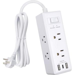 Clear Power 6-Outlet Surge Protector Power Strip with 3 USB Ports(1 USB-C), 5ft Power Cord, Flat Plug, Multi Outlets on 3 Sides, Desktop Charging Station, White, DC3S-1106-DC