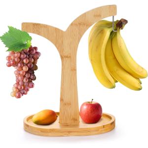Double Hooks Banana Hanger Stand, 14 Inch Wood Banana Holder, Stable Banana Hanger Keeper for Kitchen Countertop