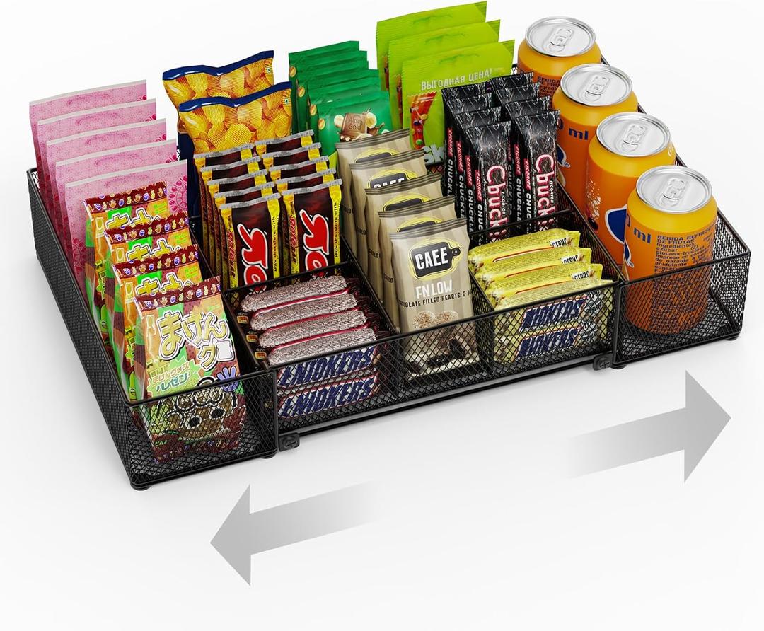 Expandable Snack Organizer, Adjustable Snack Container with 9 Compartments, Kitchen Countertop and Pantry Storage Tray for Tea Bags, Coffee Pods, Candy, and Cookies