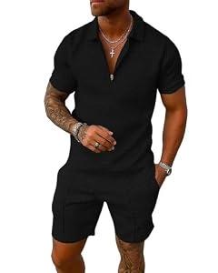 Short Sets for Men 2 Piece Lounge Set Solid Zipper Shirt and Stretch Shorts, Black, XL