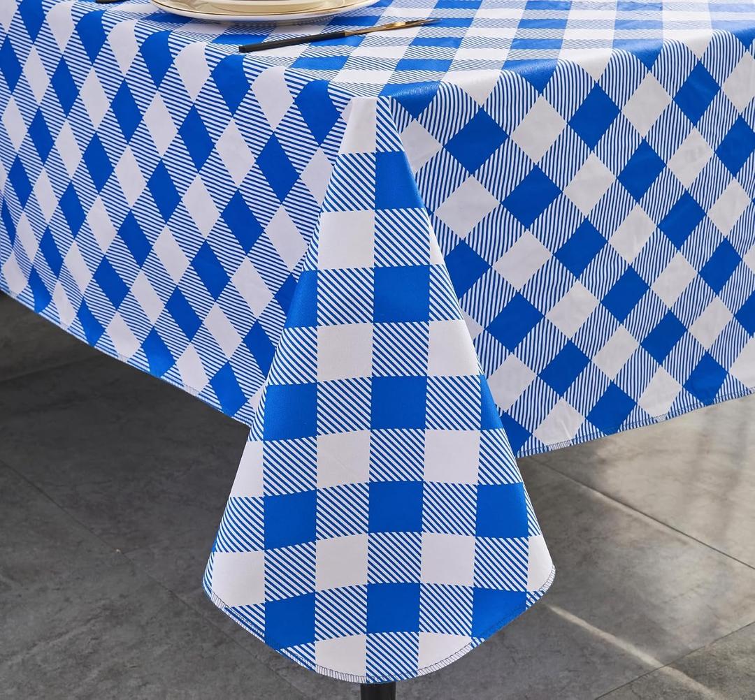 Vinyl Tablecloth with Flannel Backing Rectangle Waterproof Oil-Proof Plastic Table Cloth Stain-Resistant Wipeable Table Cover for Indoor and Outdoor (Blue Checkered, 60 x 102 Inch)