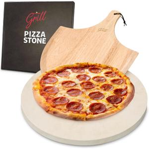 HANS GRILL PIZZA STONE | Circular Pizza Stone For Oven Baking & BBQ Grilling With Free Wooden Peel | Extra Large Round Round 15" Inches Diameter (38CM) Durable Cordierite Cooking Stone