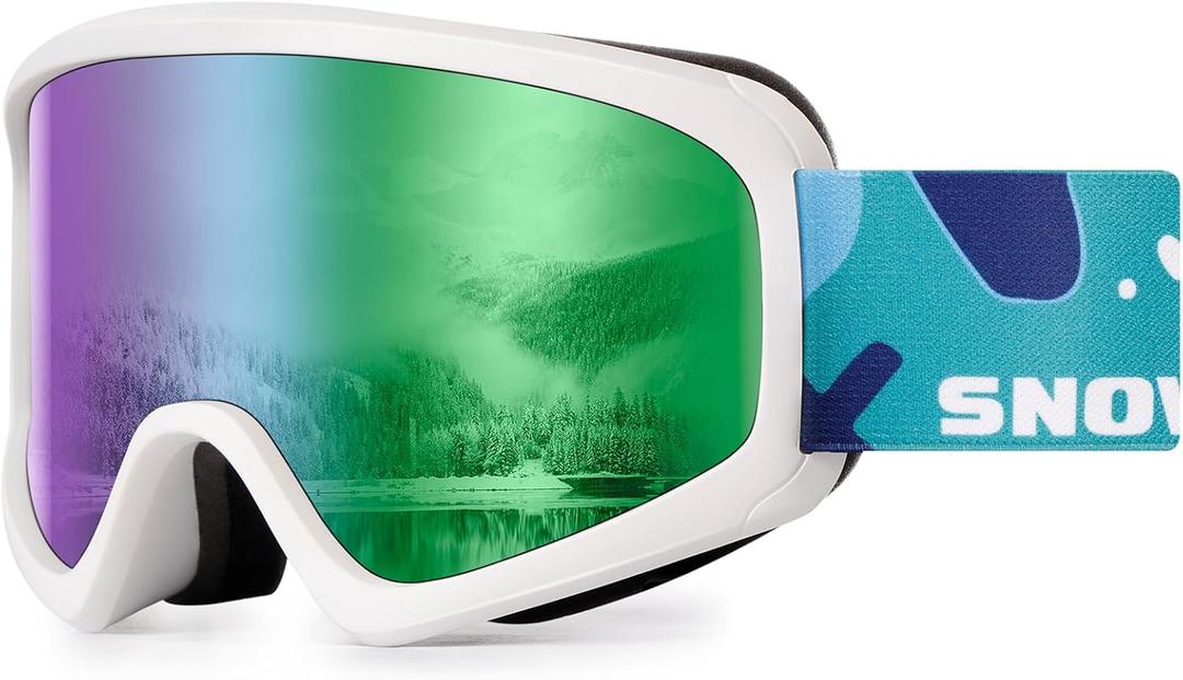 SNOWER Kids Ski Goggles, Anti-Fog Snow Goggles with OTG Design, 100% UV Protection, HD Lens for Kids Boys Girls (One Size, A2-vlt 18% Revo Green)