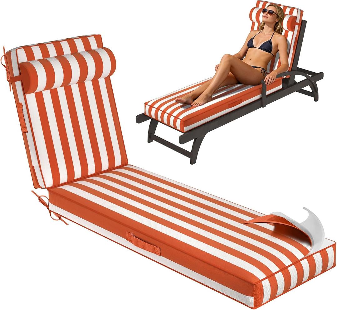 Chaise Lounge Cushions Outdoor 72x21x4 Inch, Patio Lounge Chair Cushions w/High Density Foam, 4 Inch Pool Lounger Cushion w/Removable Cover Handles, Fits Poolside Patio Outdoor Furniture, Yellowstripe