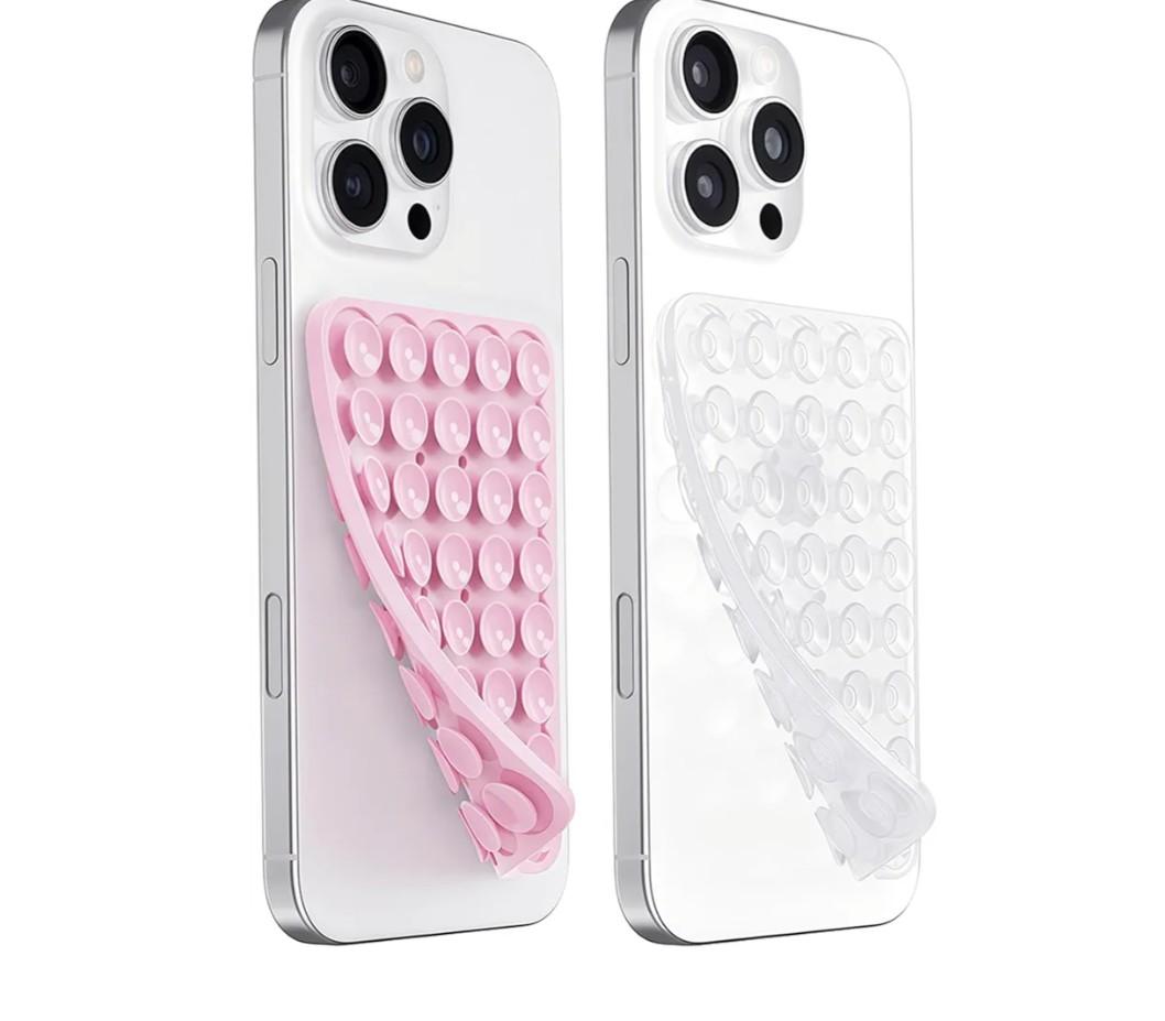 JingJinYY Anteel 2 Pack Double Sided Silicone Suction Cup Phone Case Mount, HandsFree Strong Grip Silicon Phone Holder for Selfies and Videos, Non Slip Phone Accessories (LightPink&Translucent)