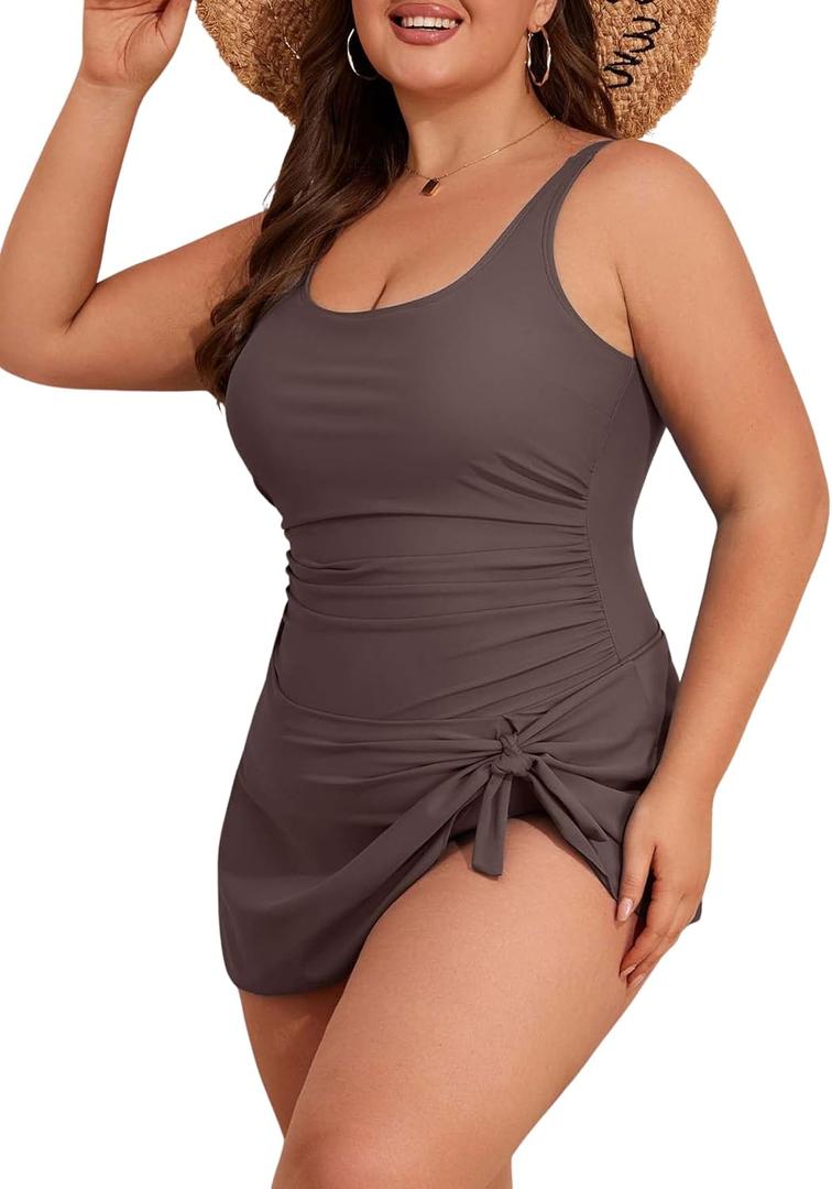 Eomenie Plus Size Swimdress for Women One Piece Swimsuit Tummy Control Swim Dresses Skirt Bathing Suit (XX-Large, Coffee)