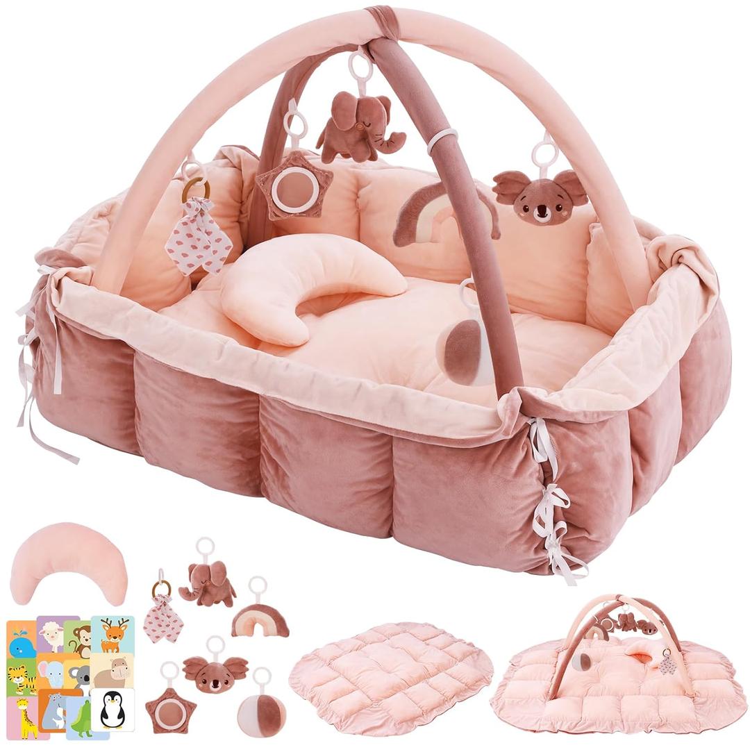 5-in-1 Baby Play Gym and Tummy Time Mat, Tummy Time Pillow & 12 Learning Cards, Plush Activity Mat with 6 Toys, Baby Gym, Convertible to Ball Pit, Baby Gift, Pink