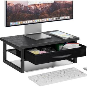 Ekisemio Computer Monitor Stand Riser, Desk Organizers and Accessories with Fabric Drawer, 2-Tier Wood and Metal Laptop Stand for Desk, Office Organizer Storage, Black